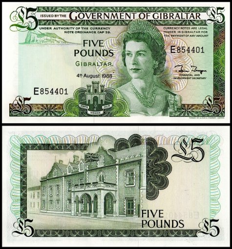 Gibraltar 5 Pounds Banknote, 1988, P-21b, UNC