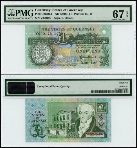 Guernsey 1 Pound, ND 2016, P-NEW, Low Serial #, PMG 67