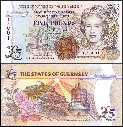 Guernsey 5 Pounds Banknote, 1996, P-56b, Queen Elizabeth II, Prefix D