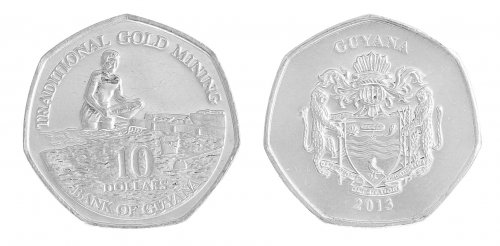 Guyana 10 Dollars 5g Nickel Plated Steel Coin, 2013, KM # 52, Bank, Gold Mining