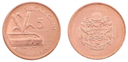 Guyana 5 Dollars 3.75g Copper Plated Coin, 2015, KM # 51, Mint, Bank, Sugar Cane