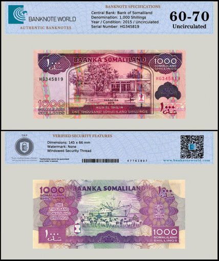 Somaliland 1,000 Shillings Banknote, 2015, P-20d, UNC, TAP 60-70 Authenticated