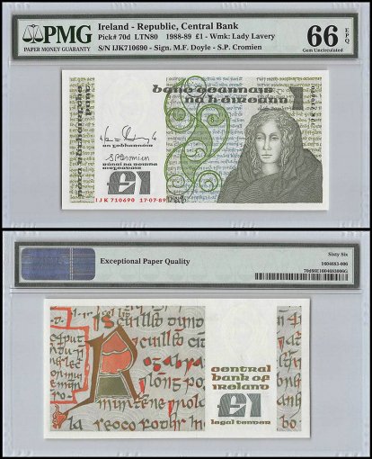 Ireland 1 Pound, 1988-89, P-70d, PMG 66
