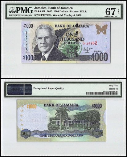 Jamaica 1,000 Dollars, 2015, P-86k, PMG 67