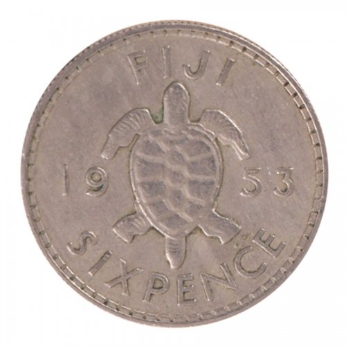 Fiji 6 Pence Coin, 1953, KM #19, XF-Extremely Fine, Queen Elizabeth II, Turtle