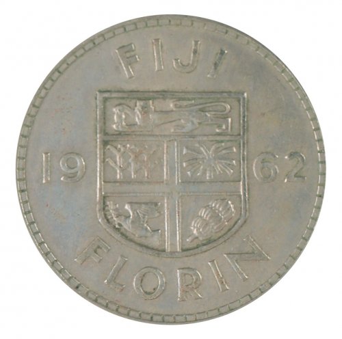 Fiji 1 Florin Coin, 1962, KM #24, XF-Extremely Fine, Queen Elizabeth II, Coat of Arms