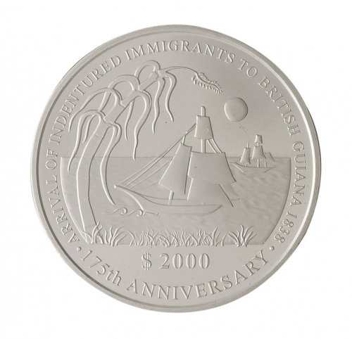 Guyana 2,000 Dollars Coin, 2013, KM #58, Mint, Commemorative, Coat of Arms, Boat
