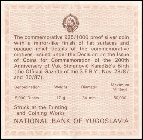 Yugoslavia 5,000 Dinara Silver Coin, 1987, KM #129, Mint, Commemorative, Vuk Stefanovic, Coat of Arms, In Box