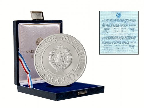 Yugoslavia 50,000 Dinara Silver Coin, 1989, KM #136, Mint, Commemorative, Non-Aligned Summit, Coat of Arms, In Box