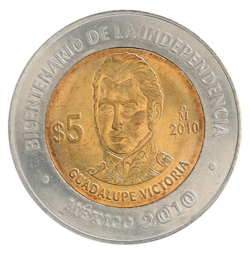 Mexico 5 Pesos Coin, 2010, KM #929, Mint, Commemorative, Guadalupe Victoria, Coat of Arms