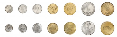 Maldives 1 Laari-2 Rufiyaa, 7 Pieces Coin Set, 2014, 2007-2012, KM #68-115, Mint