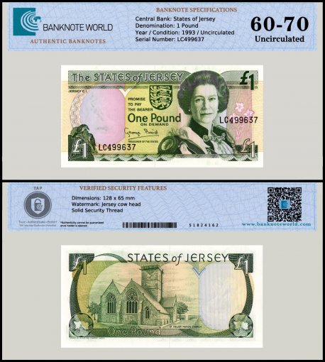 Jersey 1 Pound Banknote, 1993 ND, P-20, UNC, TAP 60-70 Authenticated