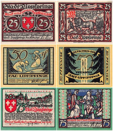 Lippspringe 25 - 75 Pfennig 3 Pieces Notgeld Set, 1921, Mehl #805, UNC