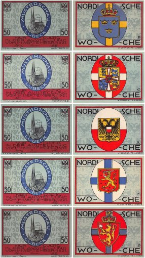 Luebeck 50 Pfennig 5 Pieces Notgeld Set, 1921, Mehl #827, UNC
