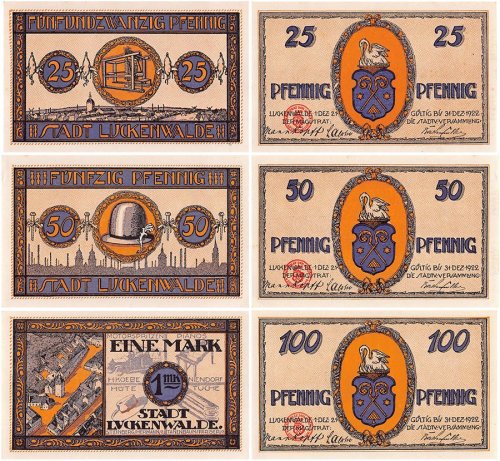 Luckenwalde 25-1 Mark 3 Pieces Notgeld Set, 1921, Mehl #817, UNC