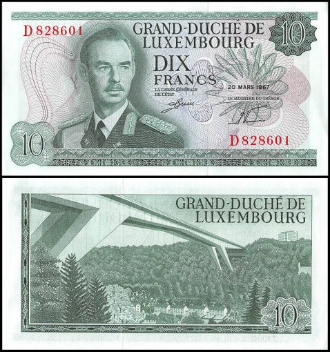 Luxembourg 10 Francs Banknote, 1967, P-53a, UNC