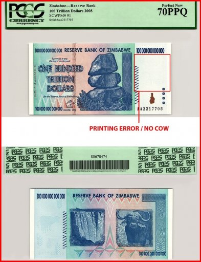 Zimbabwe 100 Trillion Dollars Banknote, 2008, AA, P-91, Printing Error / Missing Cow, PCGS 70