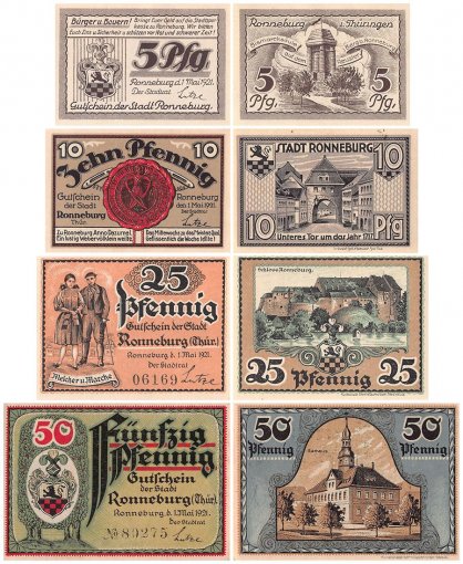 Ronneburg 5 - 50 Pfennig 4 Pieces Notgeld Set, 1921, Mehl #1133, UNC