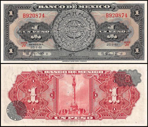 Mexico 1 Peso Banknote, 1961, P-59g, UNC, Series JV