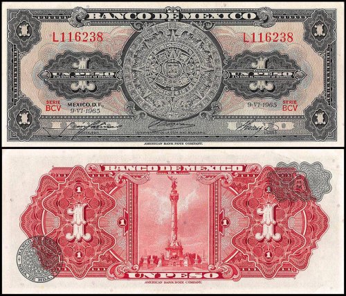 Mexico 1 Peso Banknote, 1965, P-59I, UNC, Series BCV