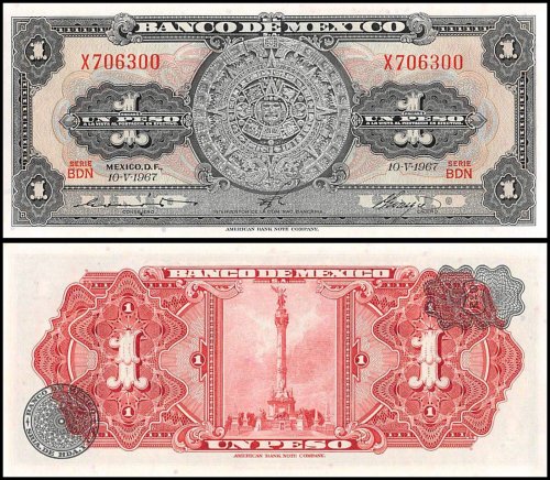 Mexico 1 Peso Banknote, 1967, P-59j, UNC, Series BDN