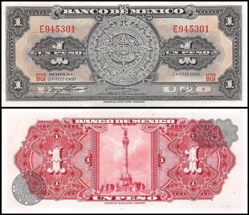 Mexico 1 Peso Banknote, 1969, P-59k, UNC, Series BGI