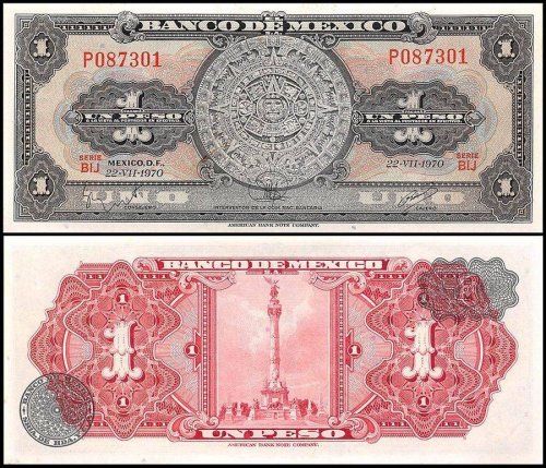 Mexico 1 Peso Banknote, 1970, P-59l, UNC, Series BIJ