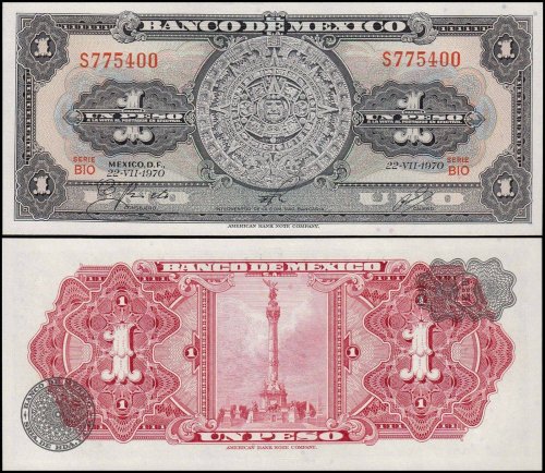 Mexico 1 Peso Banknote, 1970, P-59l, UNC, Series BIO