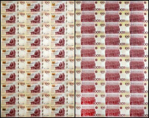 Mexico 100 Pesos Banknote, 2017, P-130d, UNC, Commemorative, 30 Pieces Uncut Sheet
