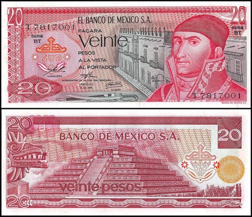 Mexico 20 Pesos Banknote, 1976, P-64c, UNC, Series BT