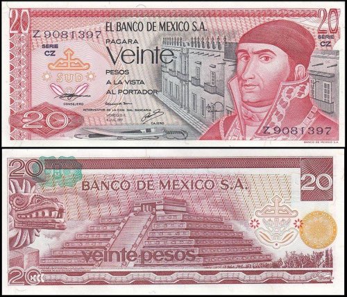 Mexico 20 Pesos Banknote, 1977, P-64d, UNC, Series CZ