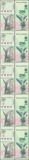 Mexico 200 Pesos Banknote 5 Pieces (PCS) 2008, P-129, Series-A, Uncut Sheet, UNC