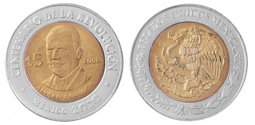 Mexico 5 Pesos Coin, 2008, KM # 895, Mint, Centenary Revolution, Alvaro Obregon