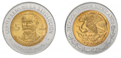 Mexico 5 Pesos Coin, 2010, KM #922, Mint, Commemorative, Francisco Madero, Coat of Arms