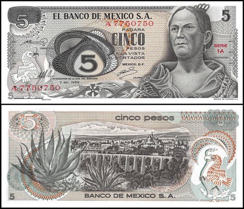 Mexico 5 Pesos Banknote, 1969, P-62a, UNC, Series 1A