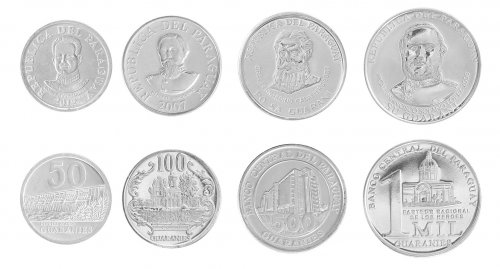 Paraguay 50 - 1,000 Guaranies, 4 Piece Coin Set, 2007-2011, Mint