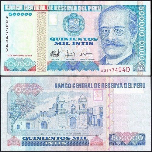 Peru 500,000 Intis Banknote, 1988, P-146, VF+