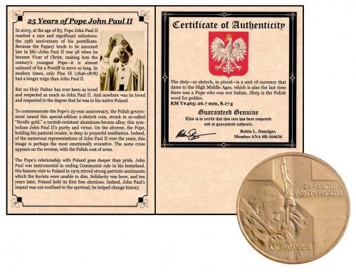 25th Anniversary of the Pontificate of John Paul II, 2 Zlotych Coin, Y #465, Commemorative w/ COA