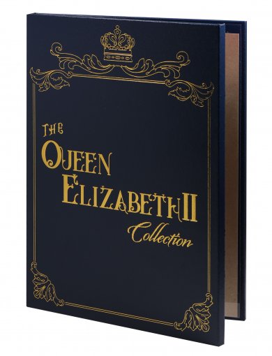 The Queen Elizabeth II Collection, Purple and Gold Album with 12 banknotes included in sleeves, 1981-2016, UNC, Dimensions  8.25" L x 1" W  x 11.25" H