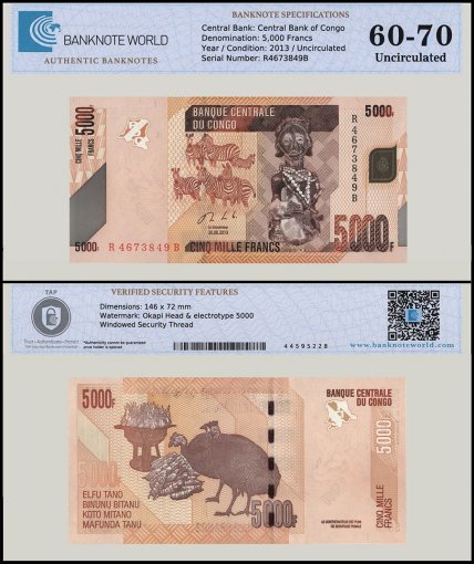 Congo Democratic Republic 5,000 Francs Banknote, 2013, P-102b, UNC, TAP 60-70 Authenticated