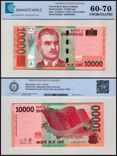 Albania 10,000 Leke Banknote, 2019, P-81, UNC, TAP 60-70 Authenticated