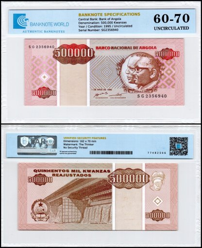 Angola 500,000 Kwanzas Banknote, 1995, P-140, UNC, TAP 60-70 Authenticated