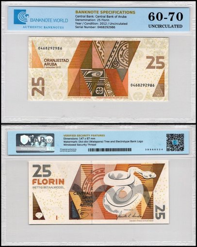 Aruba 25 Florin Banknote, 2012, P-17c, UNC, TAP 60-70 Authenticated