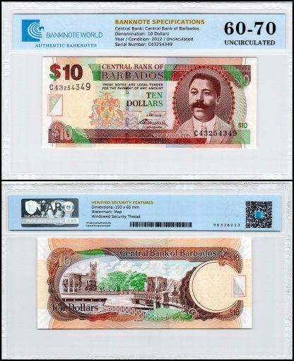 Barbados 10 Dollars Banknote, 2012, P-68c, UNC, TAP 60-70 Authenticated