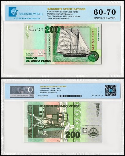 Cape Verde 200 Escudos Banknote, 1992, P-63, UNC, TAP 60-70 Authenticated