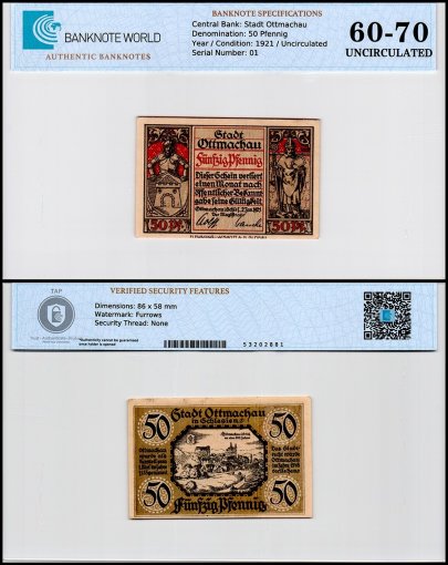 Ottmachau in Schlesien 50 Pfennig Notgeld, 1921, Mehl #1040.1, UNC, TAP 60-70 Authenticated