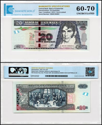 Guatemala 20 Quetzales Banknote, 2012, P-124c, UNC, TAP 60-70 Authenticated