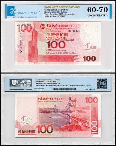 Hong Kong - Bank of China 100 Dollars Banknote, 2009, P-337f, UNC, TAP 60-70 Authenticated