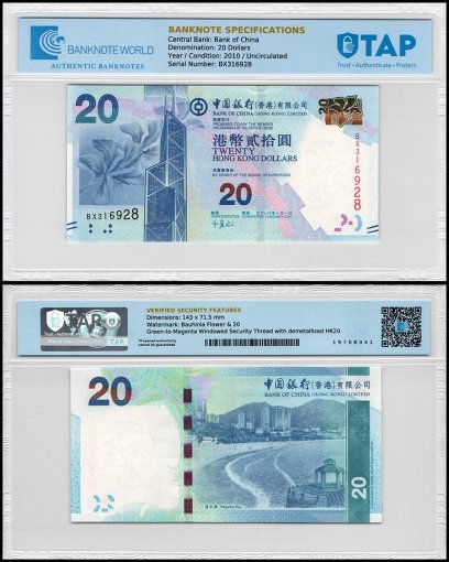 Hong Kong - Bank of China 20 Dollars Banknote, 2010, P-341a, UNC, TAP 60-70 Authenticated