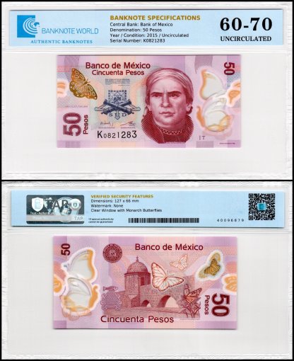 Mexico 50 Pesos Banknote, 2015, P-123At, UNC, Polymer, Series T, TAP 60-70 Authenticated